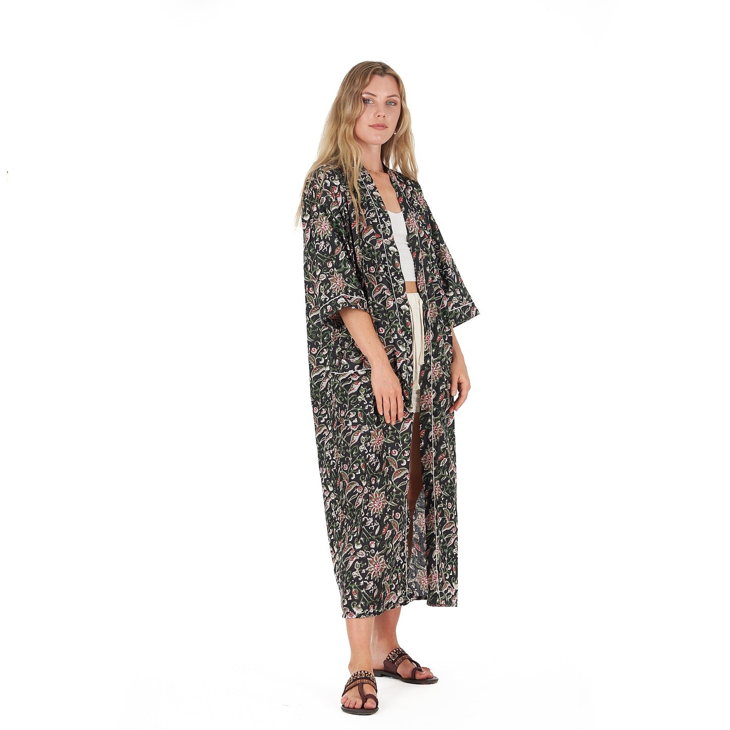 Noir Oasis Kimono Robe – Hand Screen Printed Cotton, Versatile & Stylish