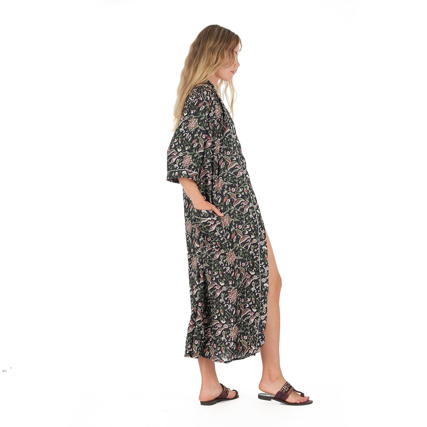 Noir Oasis Kimono Robe – Hand Screen Printed Cotton, Versatile & Stylish