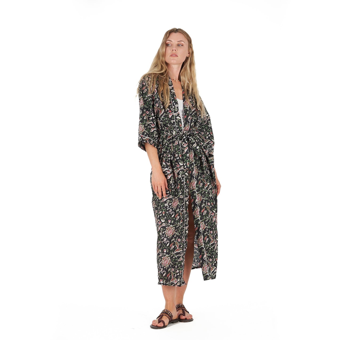 Noir Oasis Kimono Robe – Hand Screen Printed Cotton, Versatile & Stylish