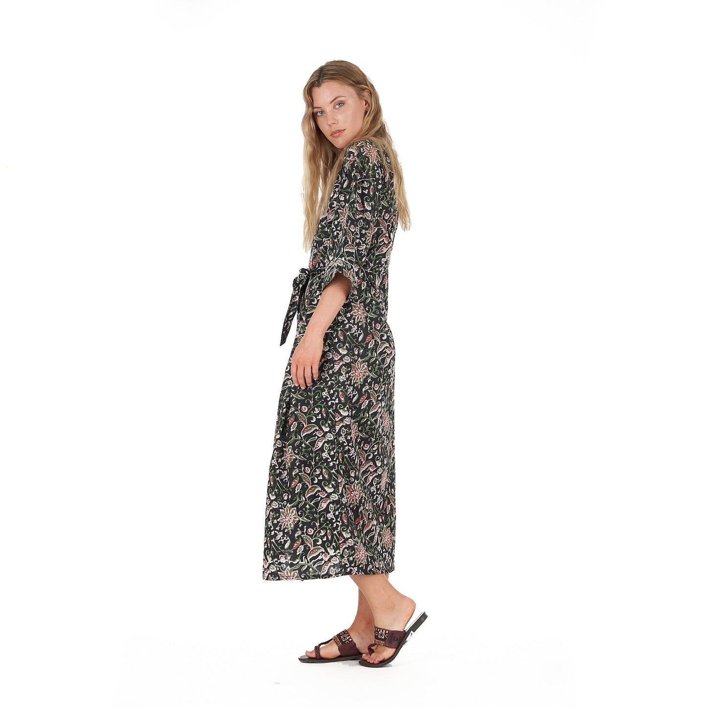 Noir Oasis Kimono Robe – Hand Screen Printed Cotton, Versatile & Stylish