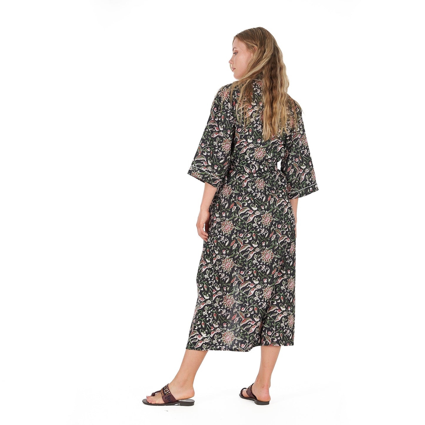 Noir Oasis Kimono Robe – Hand Screen Printed Cotton, Versatile & Stylish
