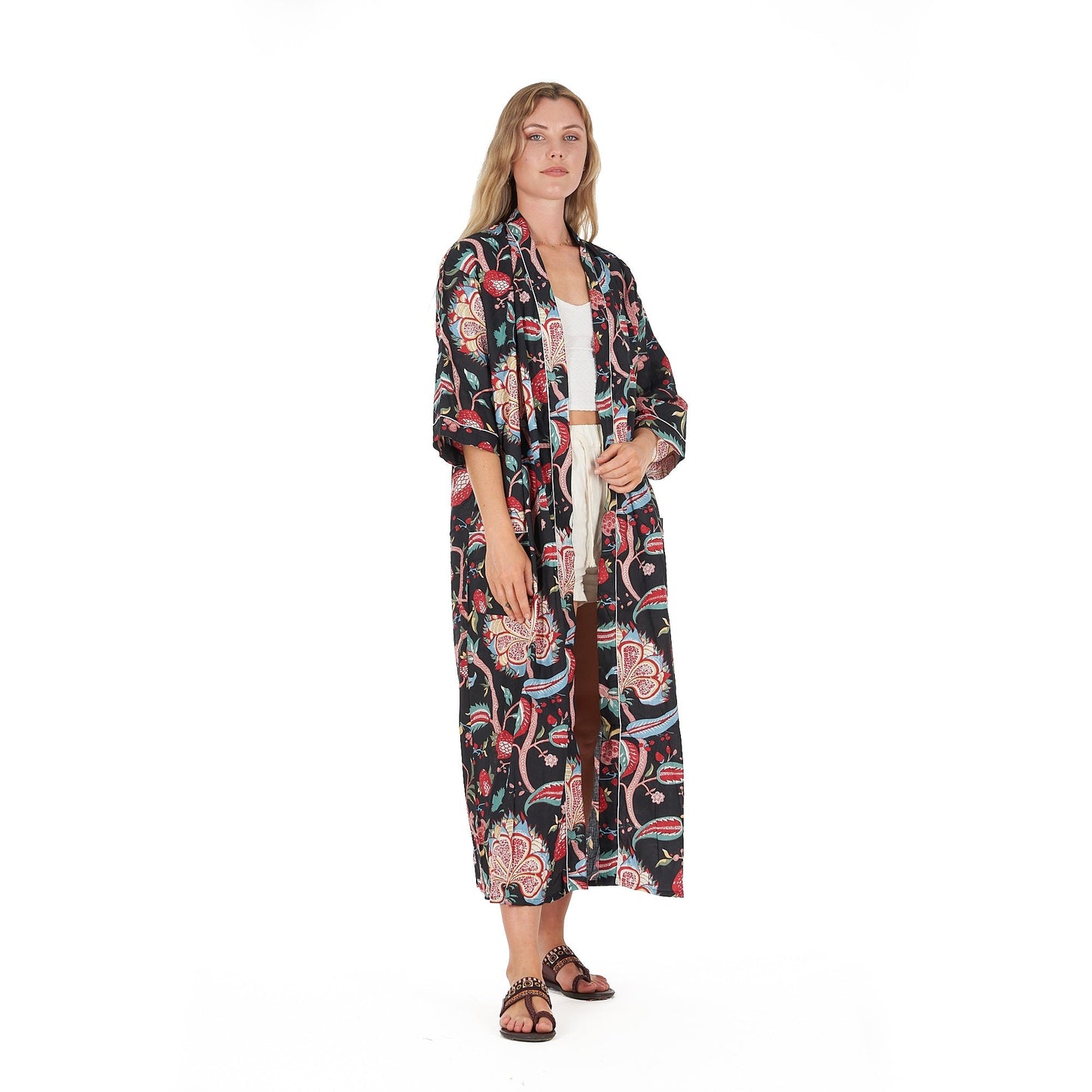 Midnight Mystique Kimono Robe – Hand Screen Printed Cotton, Stylish & Versatile