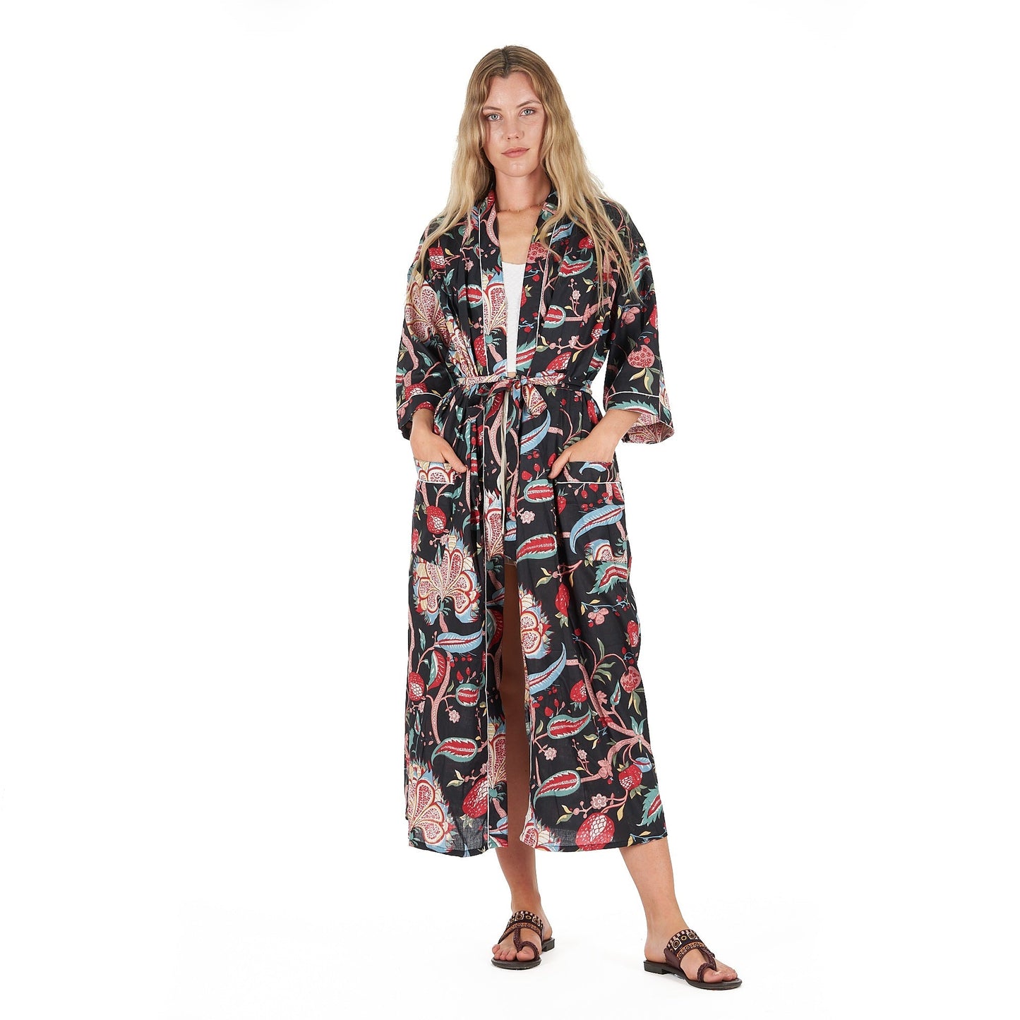 Midnight Mystique Kimono Robe – Hand Screen Printed Cotton, Stylish & Versatile
