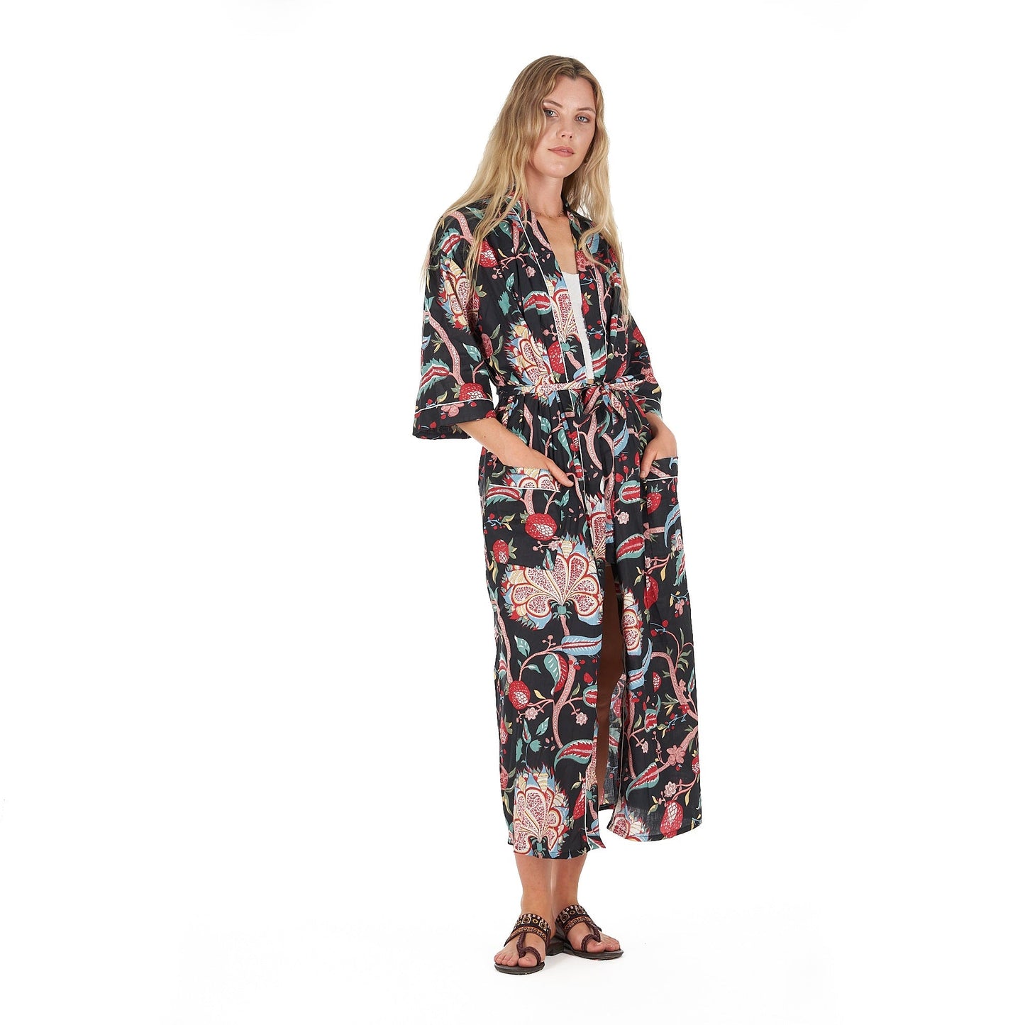 Midnight Mystique Kimono Robe – Hand Screen Printed Cotton, Stylish & Versatile