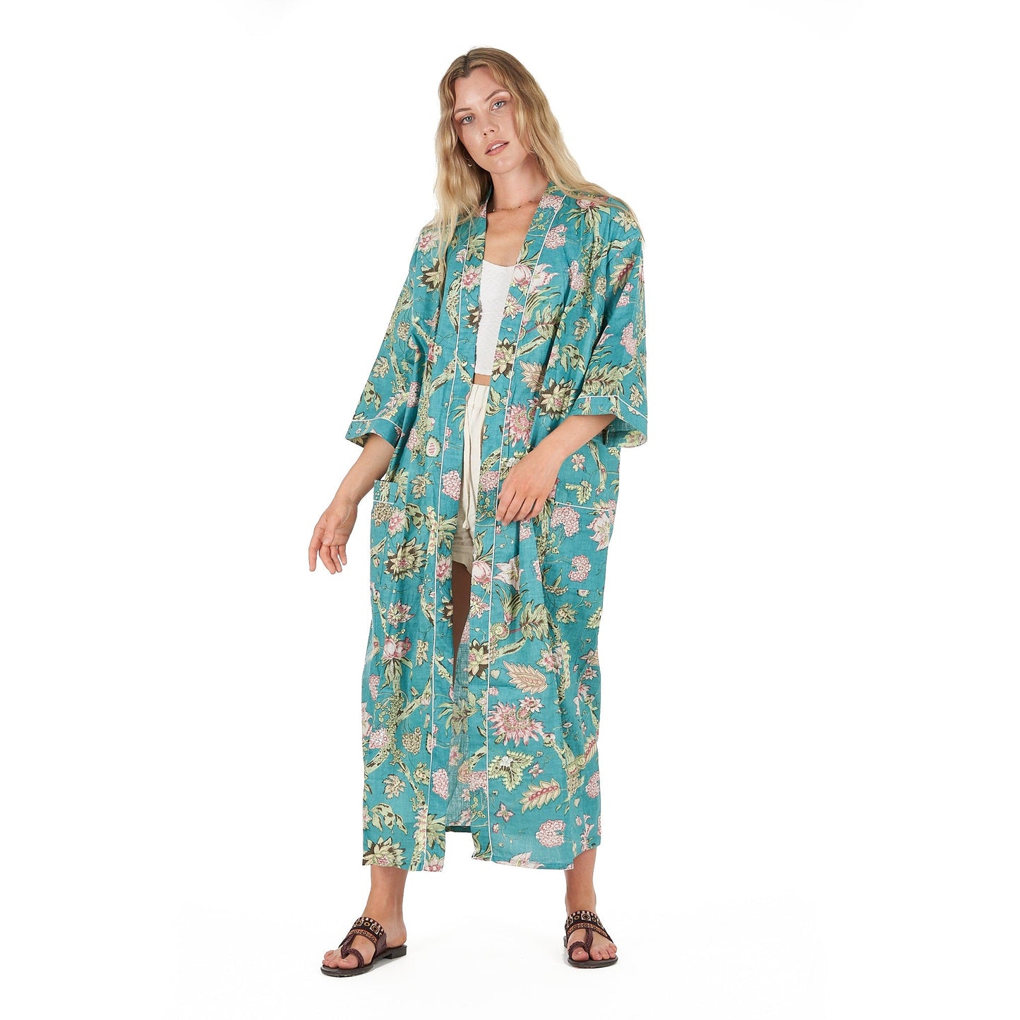 Coastal Cool Cotton Kimono Robe – Hand-Screen Printed, Soft & Versatile