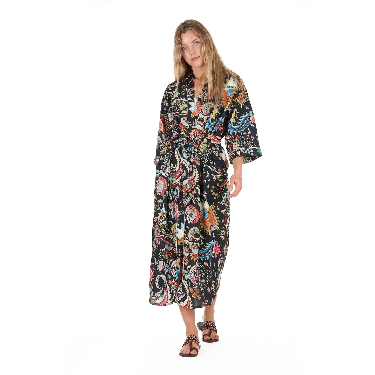 Twilight Tropics Cotton Kimono Robe – Hand-Screen Printed, Soft & Versatile