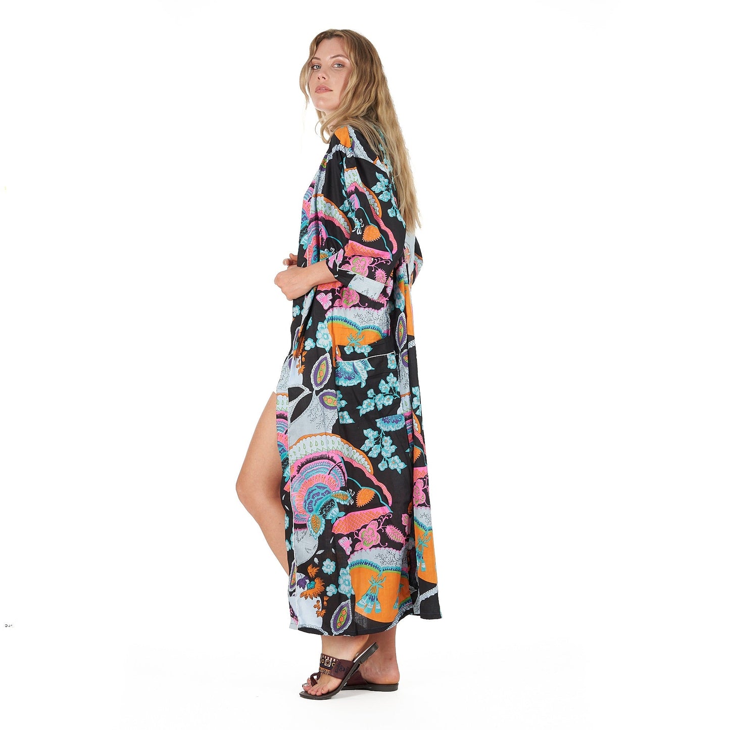 Moonlit Flora Cotton Kimono Robe – Hand-Screen Printed, Soft & Versatile