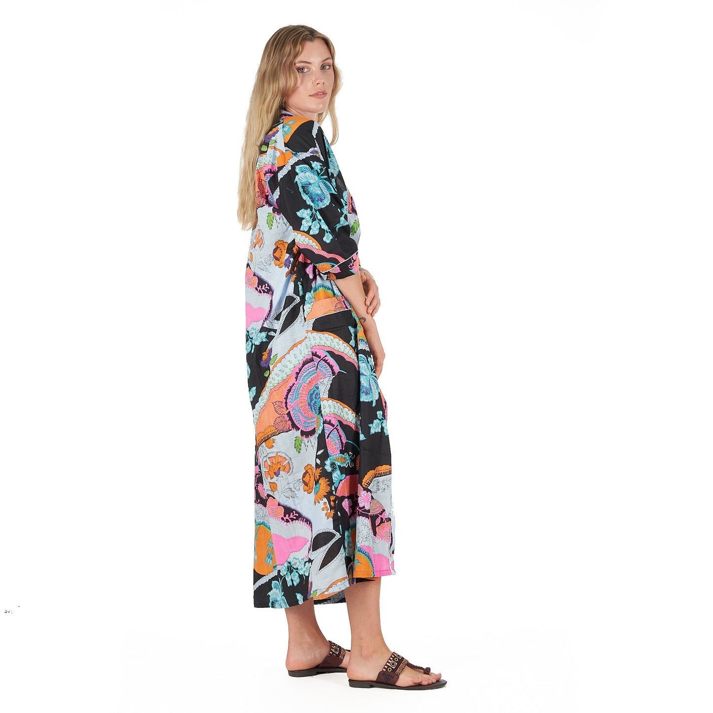 Moonlit Flora Cotton Kimono Robe – Hand-Screen Printed, Soft & Versatile