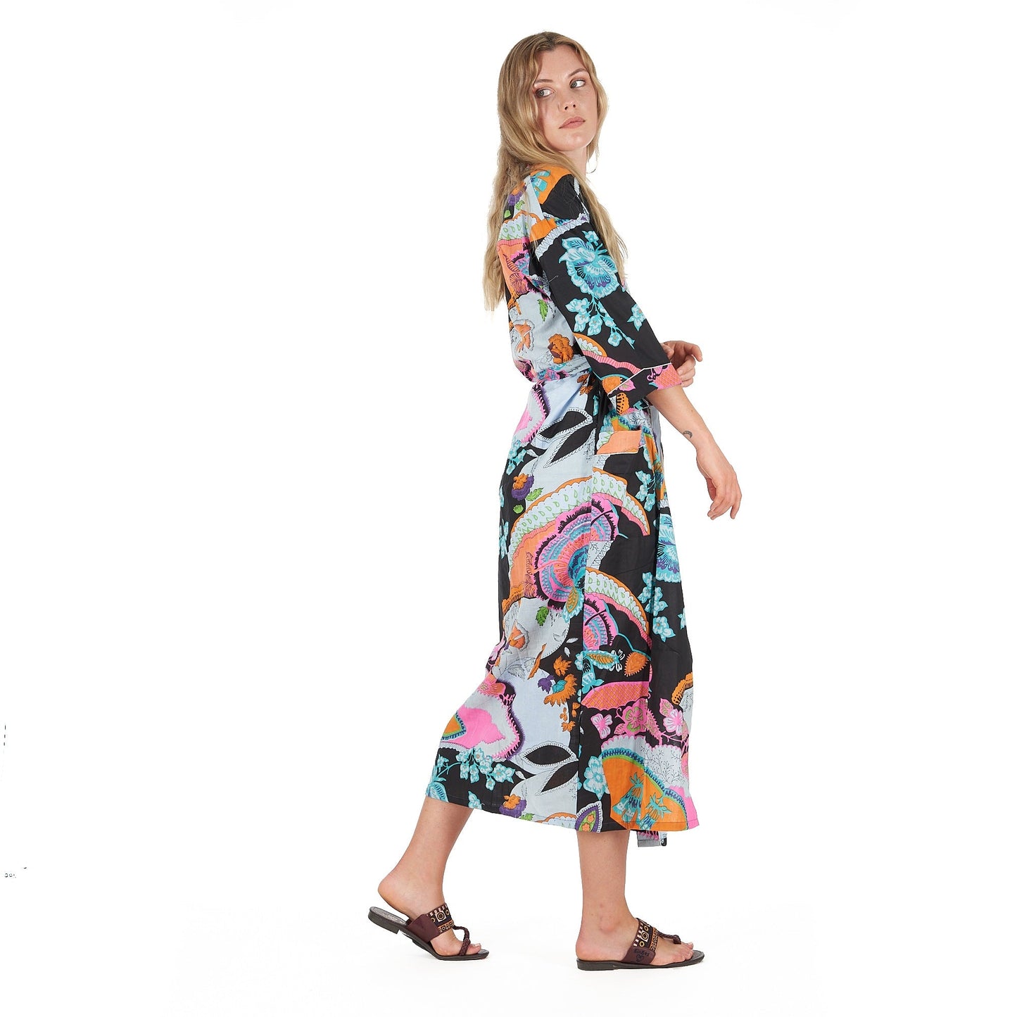 Moonlit Flora Cotton Kimono Robe – Hand-Screen Printed, Soft & Versatile