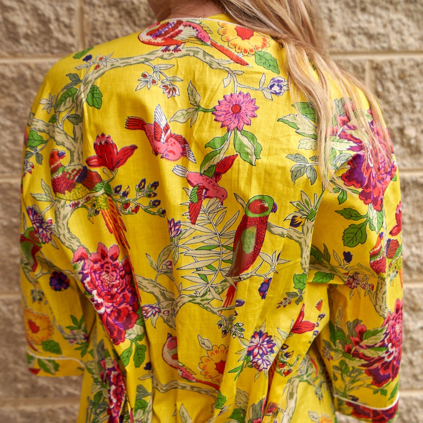 Feathered Vibrance 100% Cotton Kimono Robe – Frida Kahlo-Inspired Bird of Paradise Print, Lightweight & Versatile, Free Size, Handcrafted in India