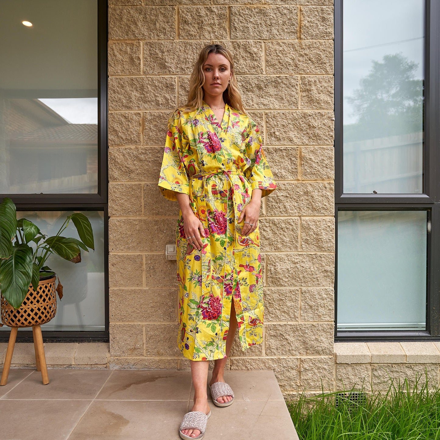 Feathered Vibrance 100% Cotton Kimono Robe – Frida Kahlo-Inspired Bird of Paradise Print, Lightweight & Versatile, Free Size, Handcrafted in India