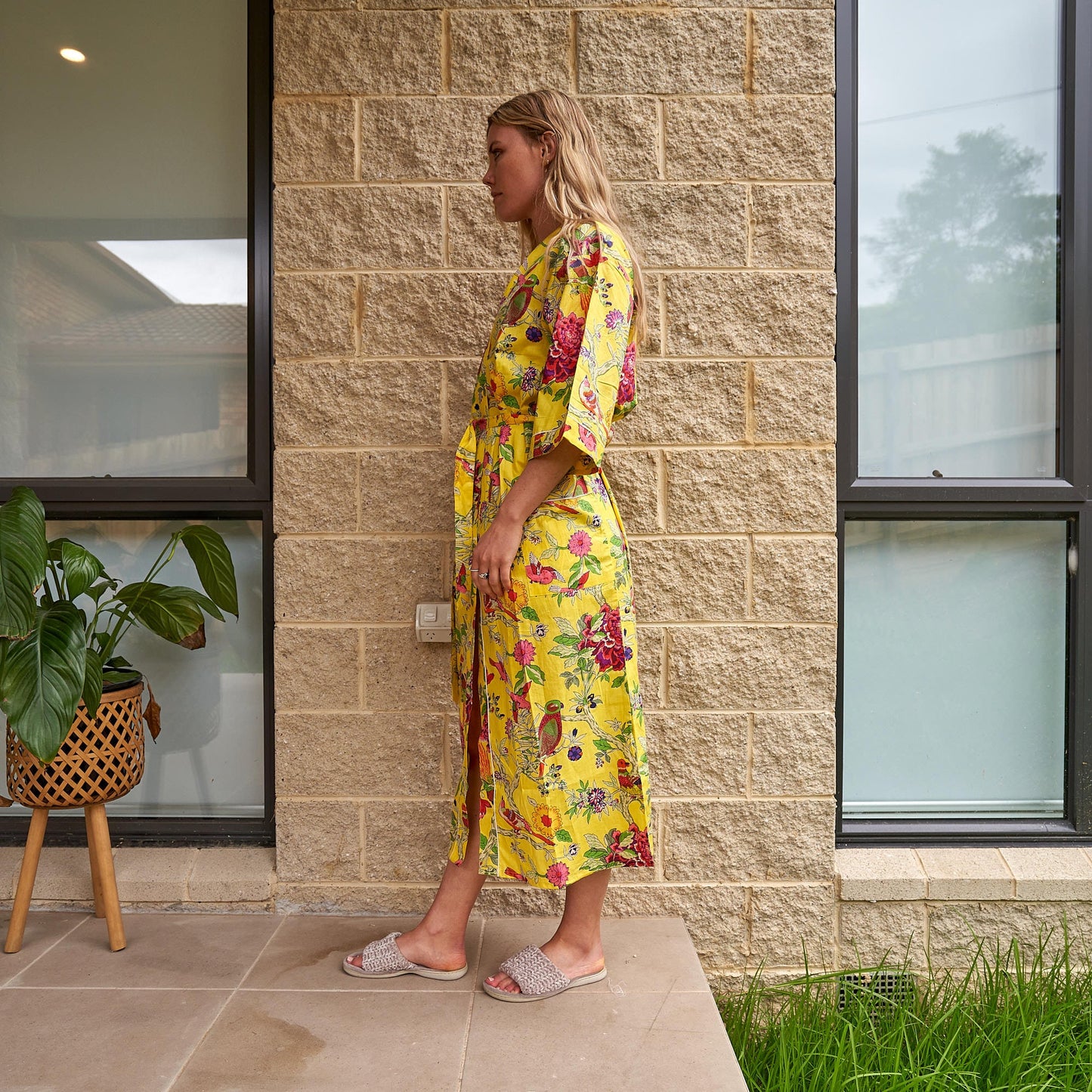 Feathered Vibrance 100% Cotton Kimono Robe – Frida Kahlo-Inspired Bird of Paradise Print, Lightweight & Versatile, Free Size, Handcrafted in India