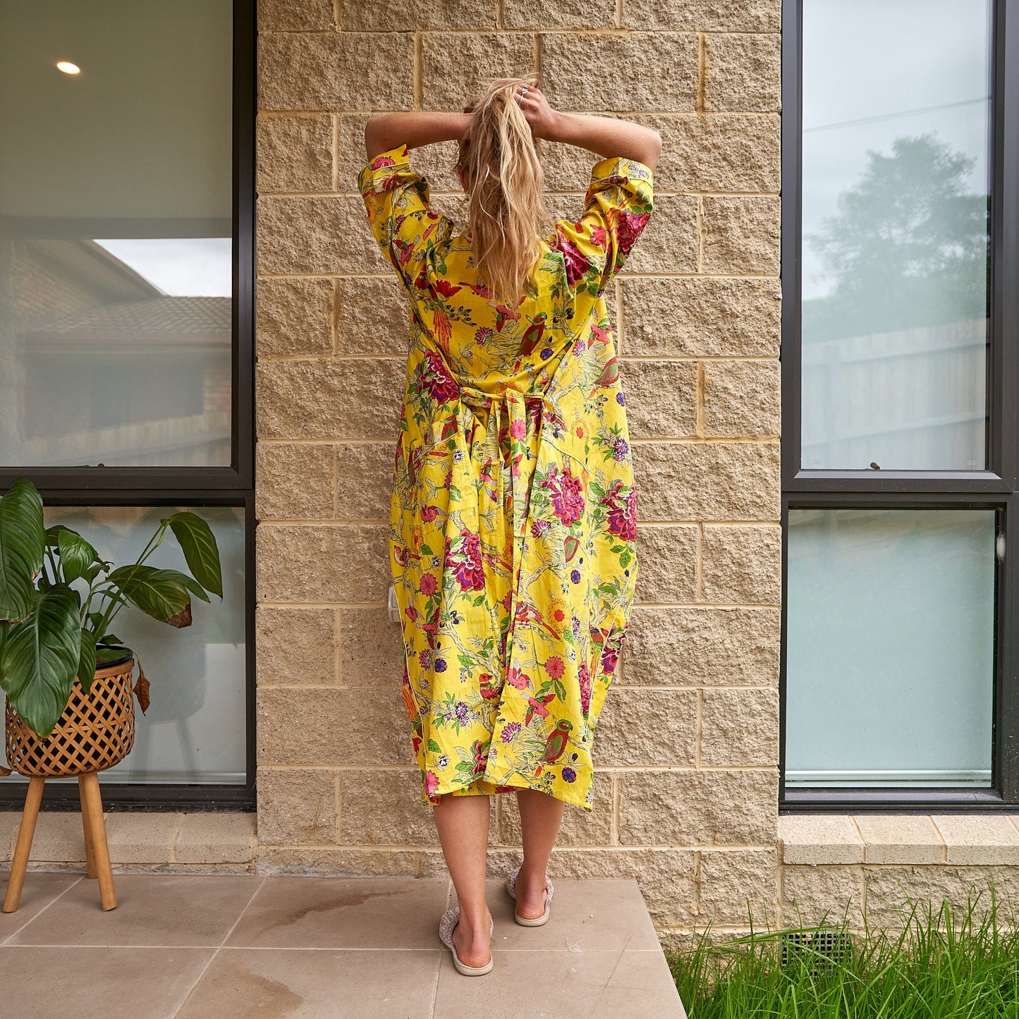 Feathered Vibrance 100% Cotton Kimono Robe – Frida Kahlo-Inspired Bird of Paradise Print, Lightweight & Versatile, Free Size, Handcrafted in India