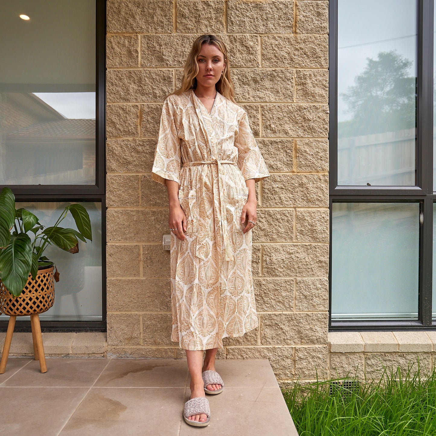 Earthly Echoes Cotton Cambric Kimono Robe – Frida Kahlo-Inspired Bird of Paradise Design, Versatile Loungewear & Kaftan