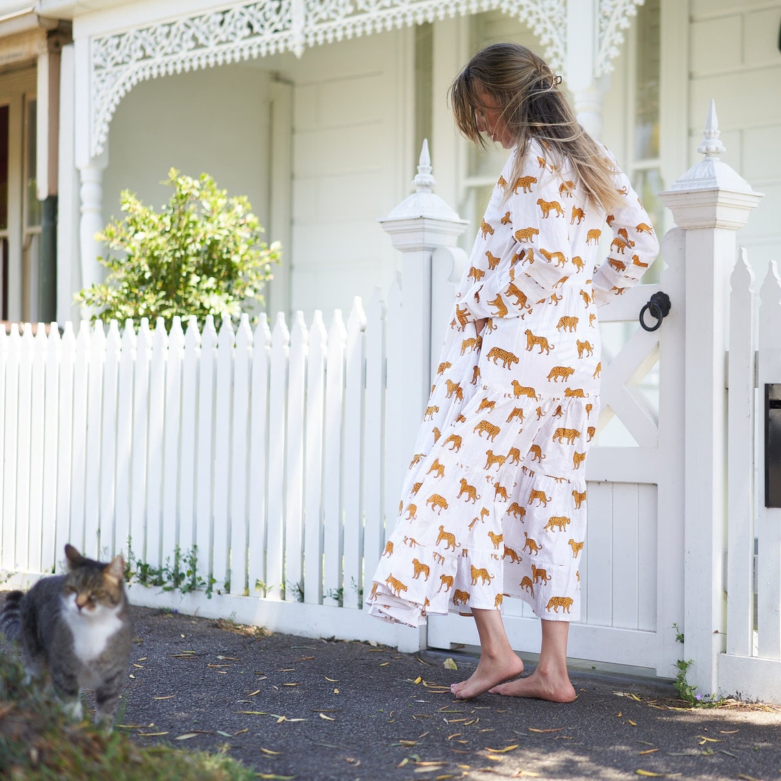 Elegantly Exotic 100% Cotton Maxi Dress – Boho Floral Hand-Screen Printed, Available in S/M & L/XL, Beach or Evening Wear, Limited Edition