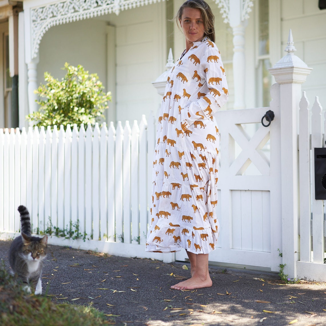 Elegantly Exotic 100% Cotton Maxi Dress – Boho Floral Hand-Screen Printed, Available in S/M & L/XL, Beach or Evening Wear, Limited Edition