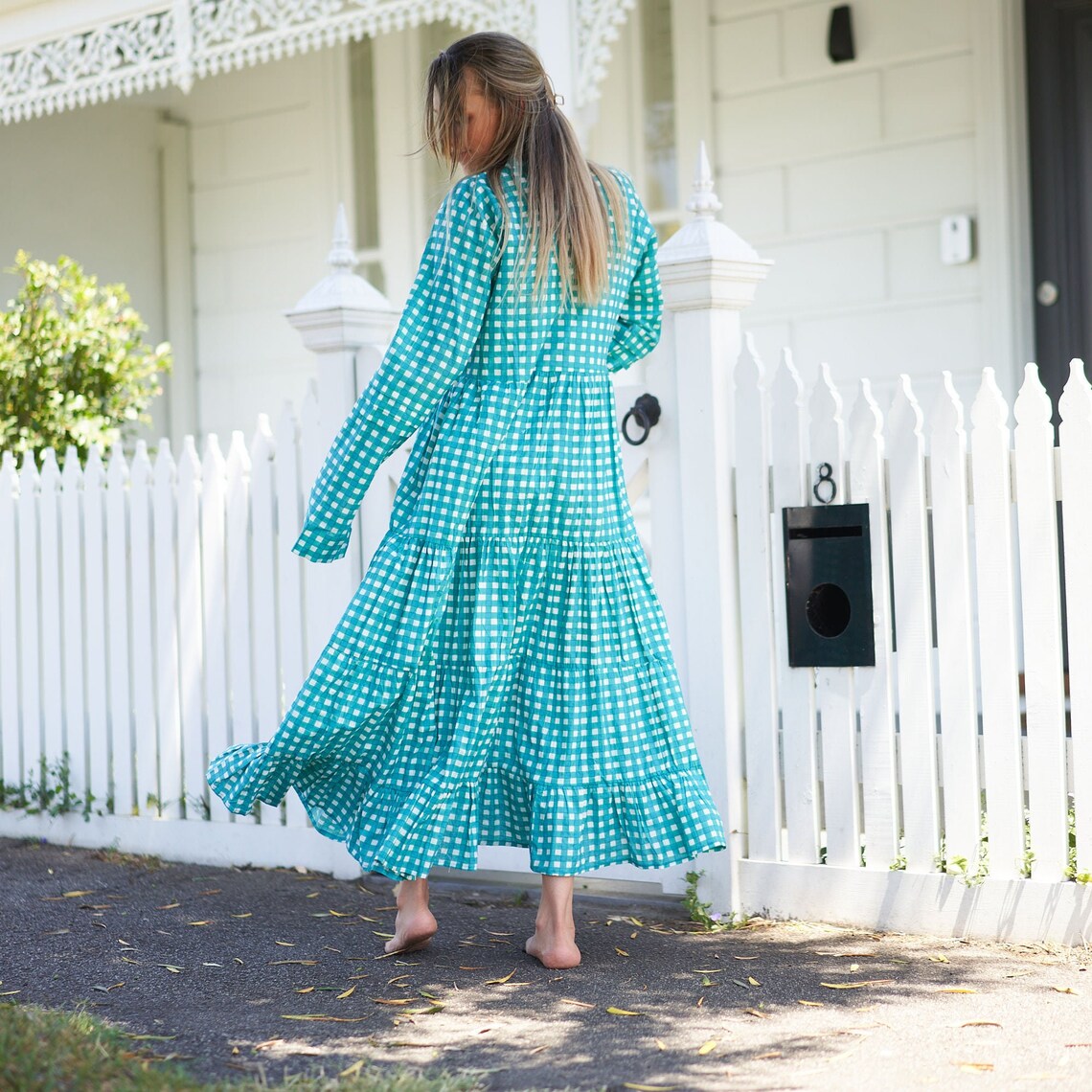 White printed boho dress with flowing silhouette