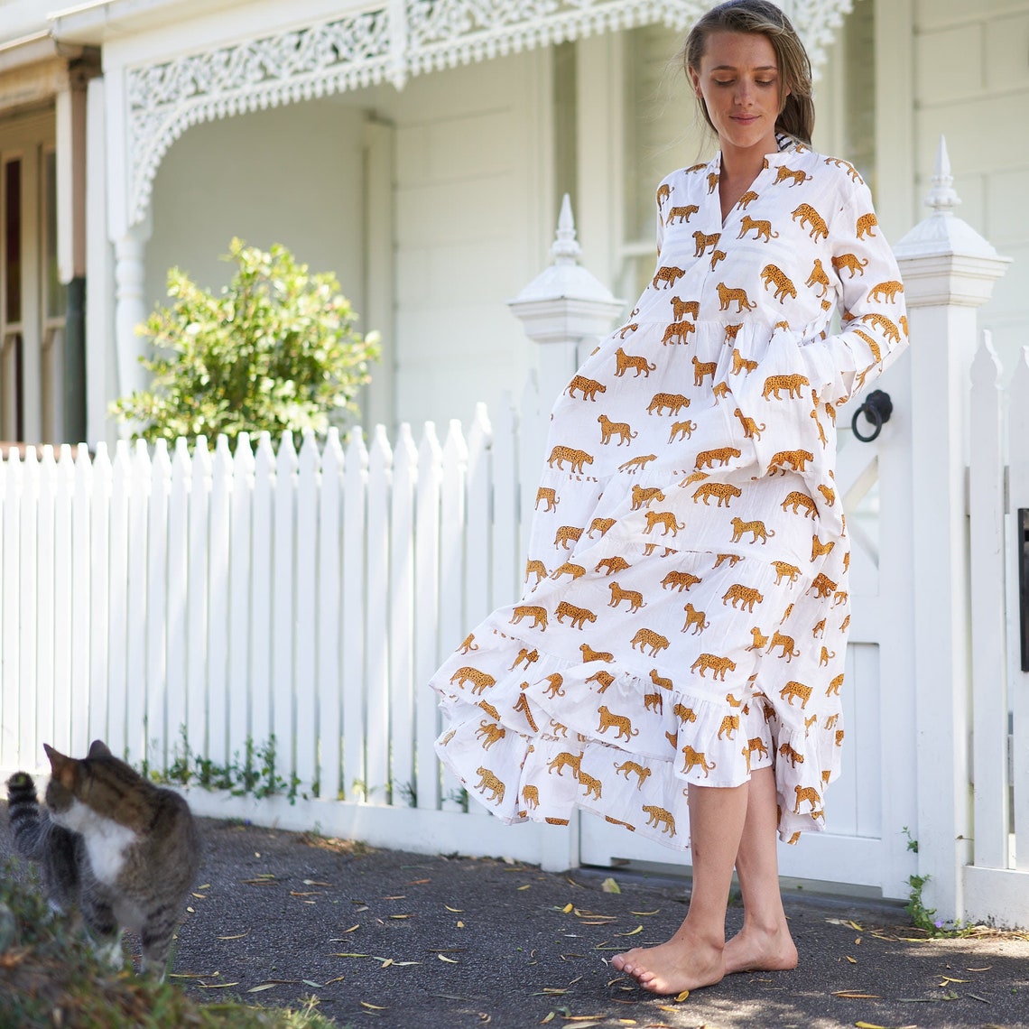 Elegantly Exotic 100% Cotton Maxi Dress – Boho Floral Hand-Screen Printed, Available in S/M & L/XL, Beach or Evening Wear, Limited Edition