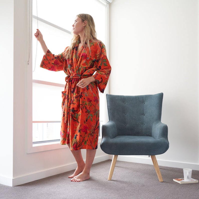 Frida Floral Velvet Kimono – Hand-Printed Cotton Boho Lounge Robe