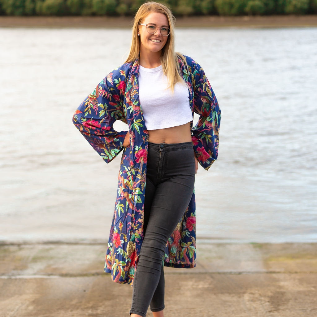Crimson Bloom Cotton Kimono – Birds of Paradise Design