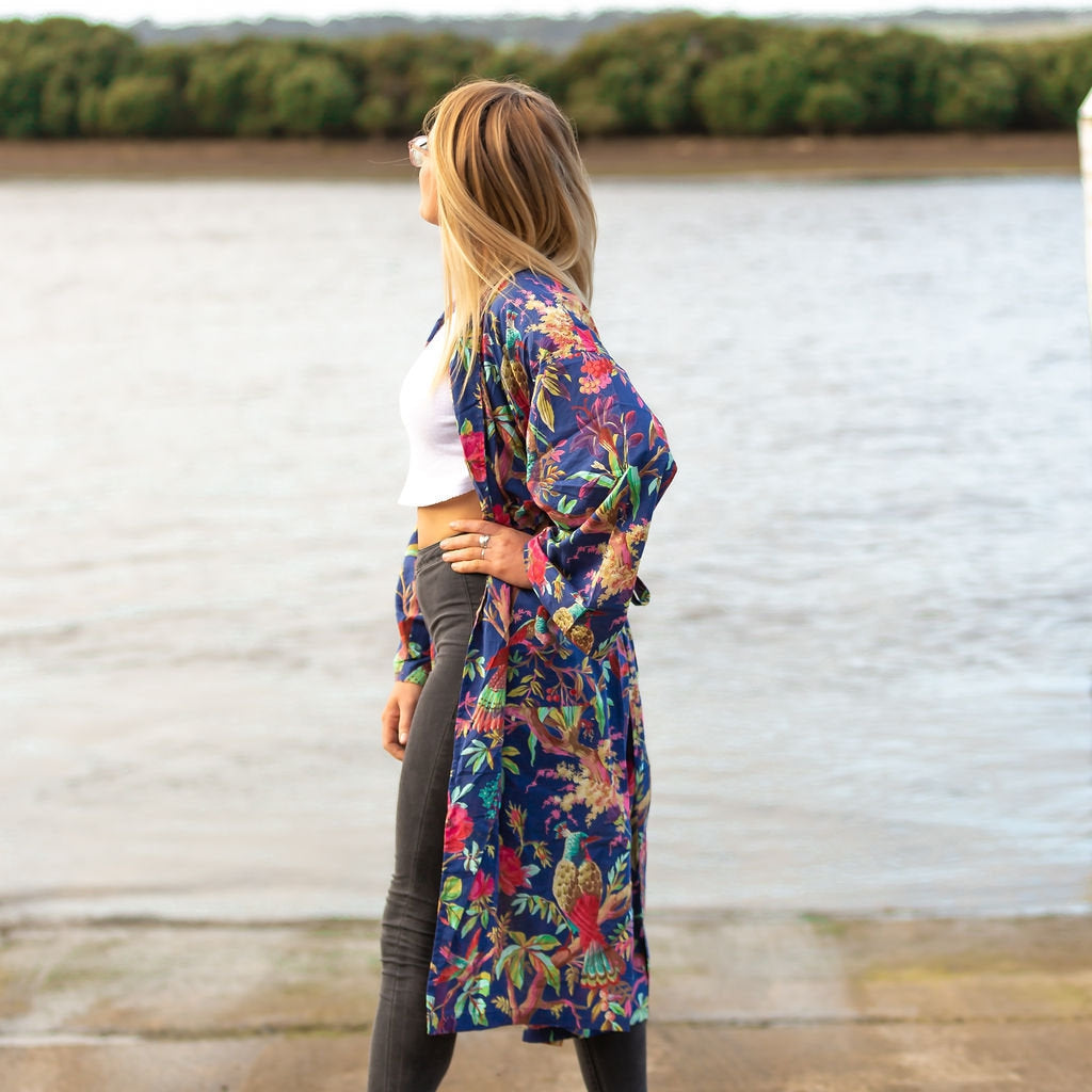 Crimson Bloom Cotton Kimono – Birds of Paradise Design