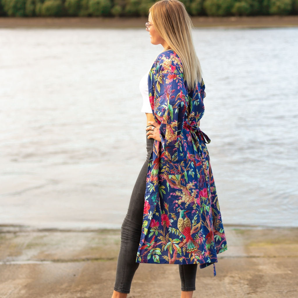 Crimson Bloom Cotton Kimono – Birds of Paradise Design