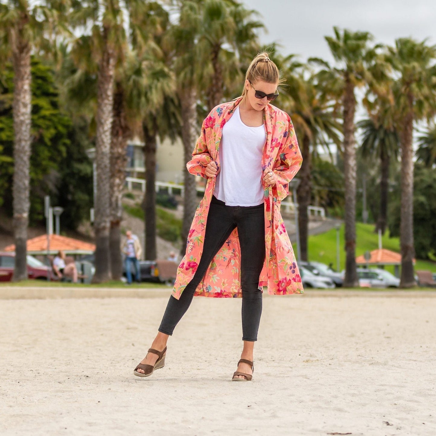 Crimson Birdsong Cotton Kimono – Tropical Floral Hand-Screened