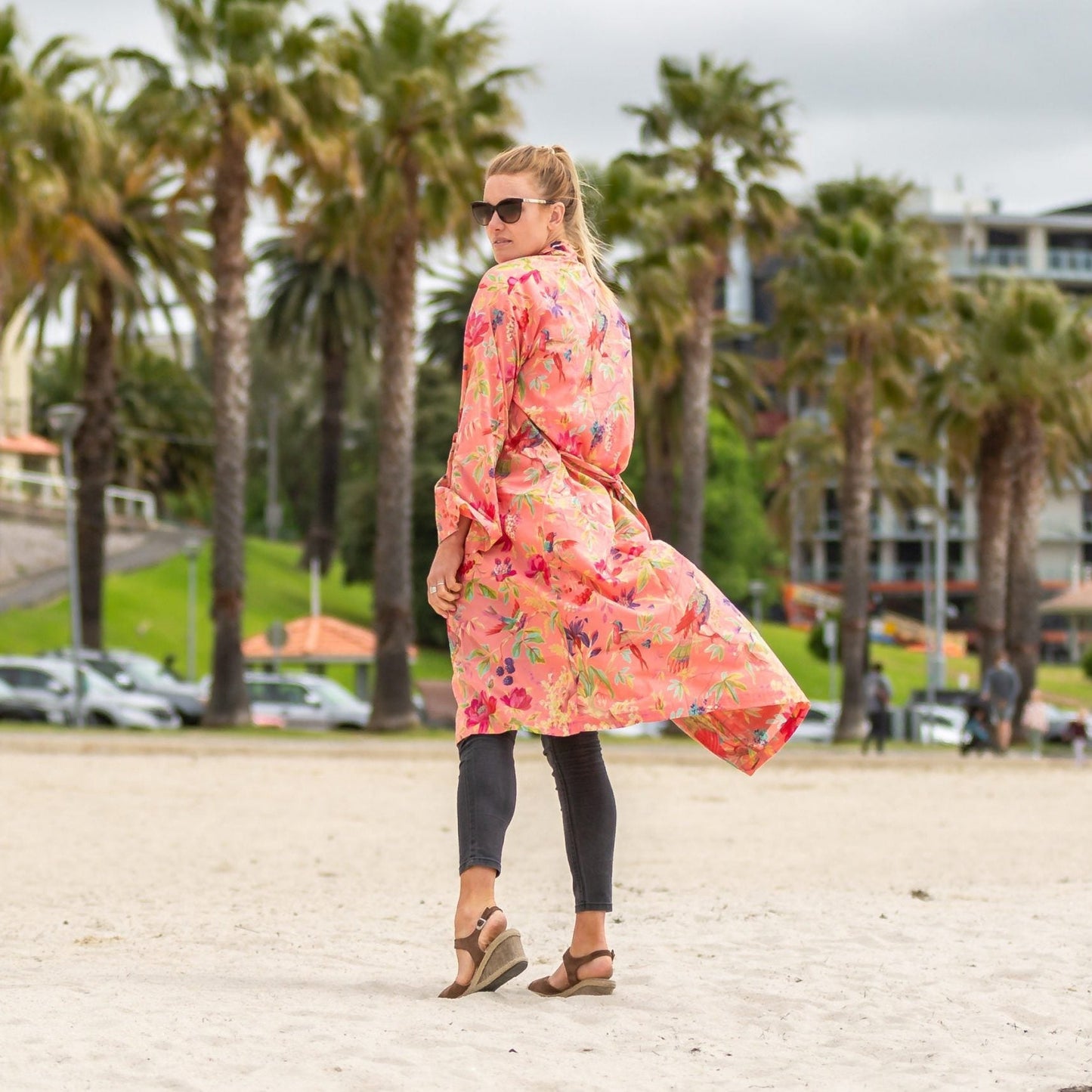 Crimson Birdsong Cotton Kimono – Tropical Floral Hand-Screened