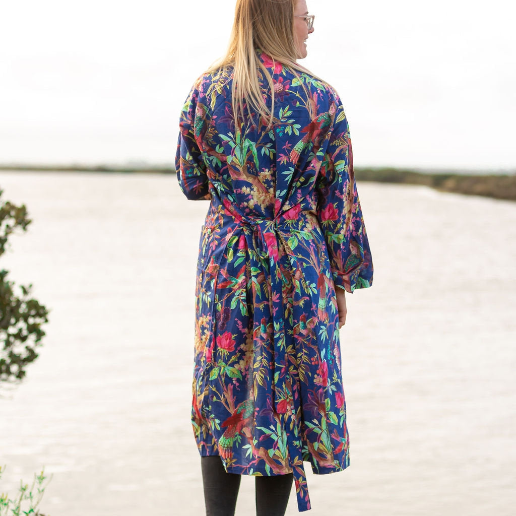 Crimson Bloom Cotton Kimono – Birds of Paradise Design