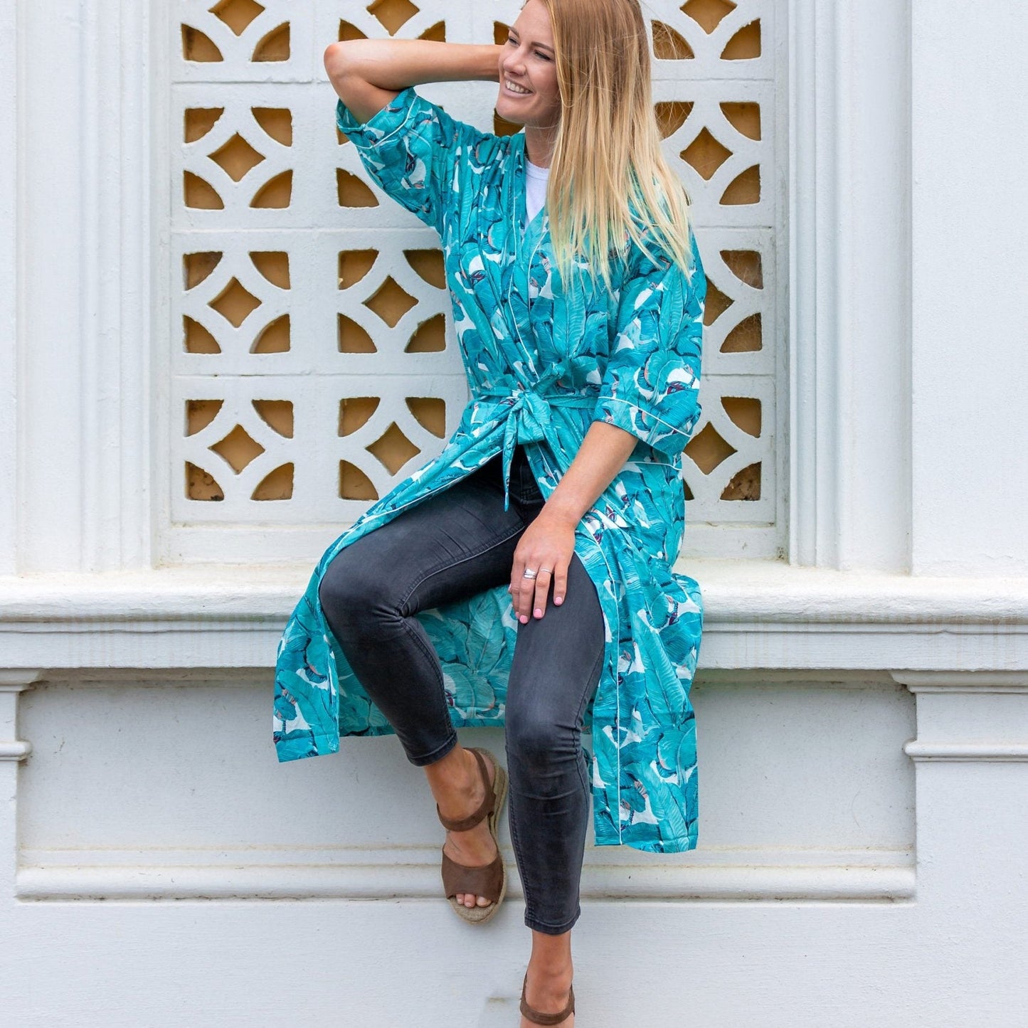 Floral kimono bathrobe styled as lightweight nightwear