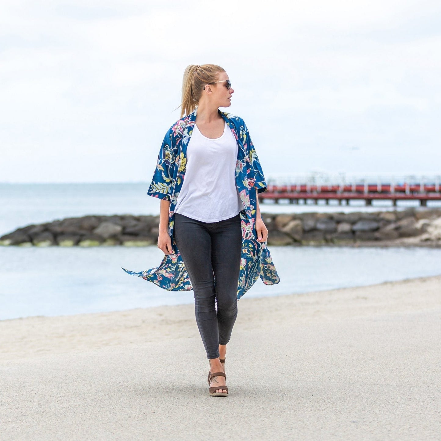 Blue Petals Cotton Kimono – Bird of Paradise Print