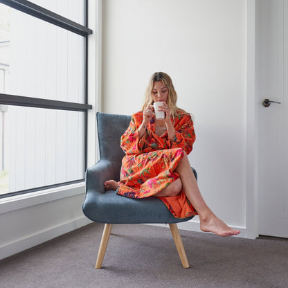 Decadent Florals Cotton Velvet Kimono Robe - Luxe Frida Kahlo-Inspired Design, Versatile Loungewear, Handmade in India