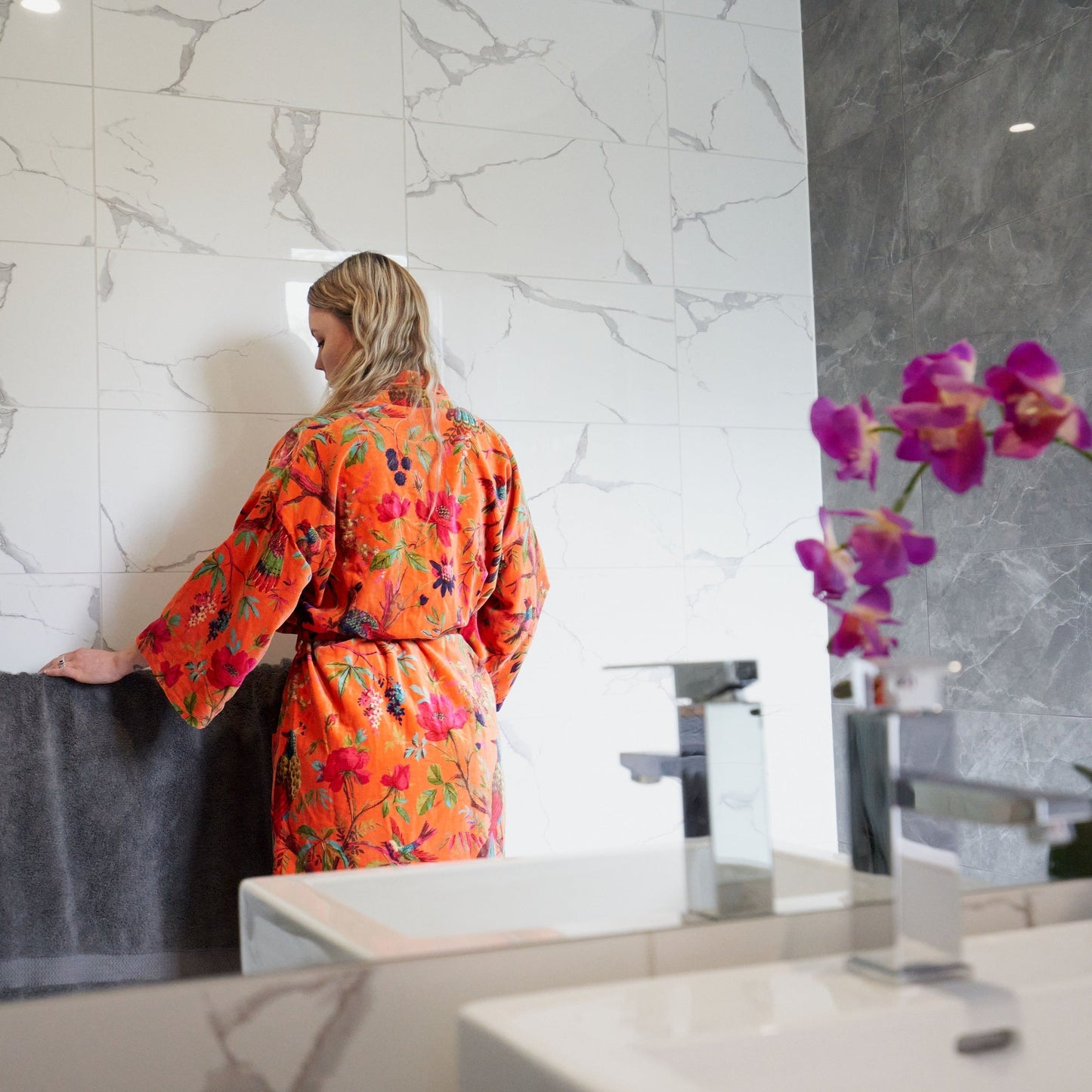 Decadent Florals Cotton Velvet Kimono Robe - Luxe Frida Kahlo-Inspired Design, Versatile Loungewear, Handmade in India
