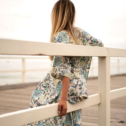 Tranquil Escape 100% Cotton Kaftan – Frida Kahlo-Inspired Kimono & Robe with Bird of Paradise Design