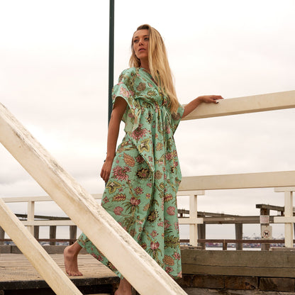 Cotton maxi kaftan in green floral print