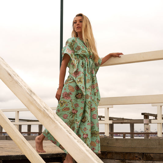 Cotton maxi kaftan in green floral print