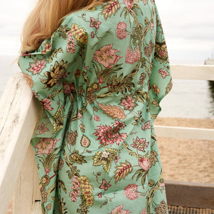 Cotton maxi kaftan in green floral print