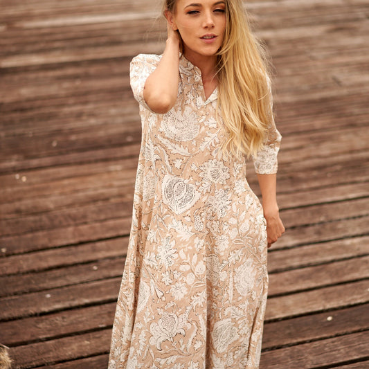 Dreams of Cream 100% Cotton Maxi Dress – Hand-Screen Printed Floral Design, S/M & L/XL, Boho Style