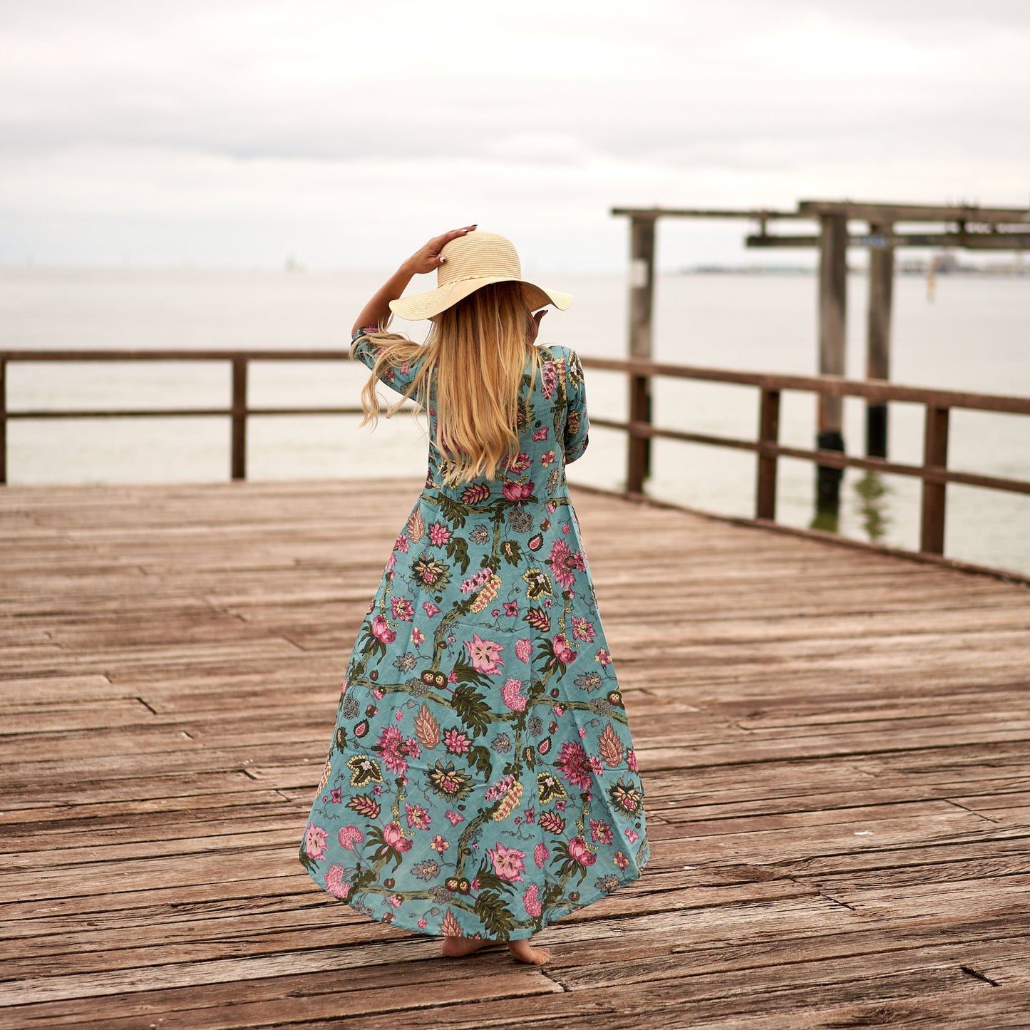 Turquoise Oasis 100% Cotton Maxi Dress – Hand-Screen Printed Floral & Bordered Design, S/M & L/XL