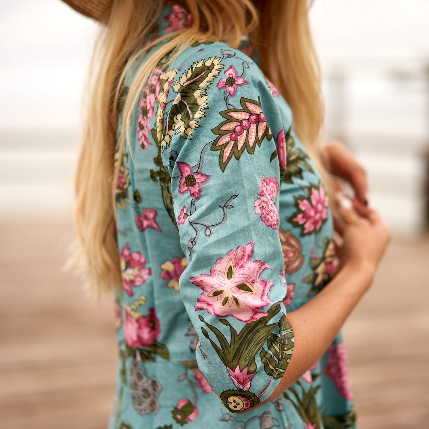 Turquoise Oasis 100% Cotton Maxi Dress – Hand-Screen Printed Floral & Bordered Design, S/M & L/XL