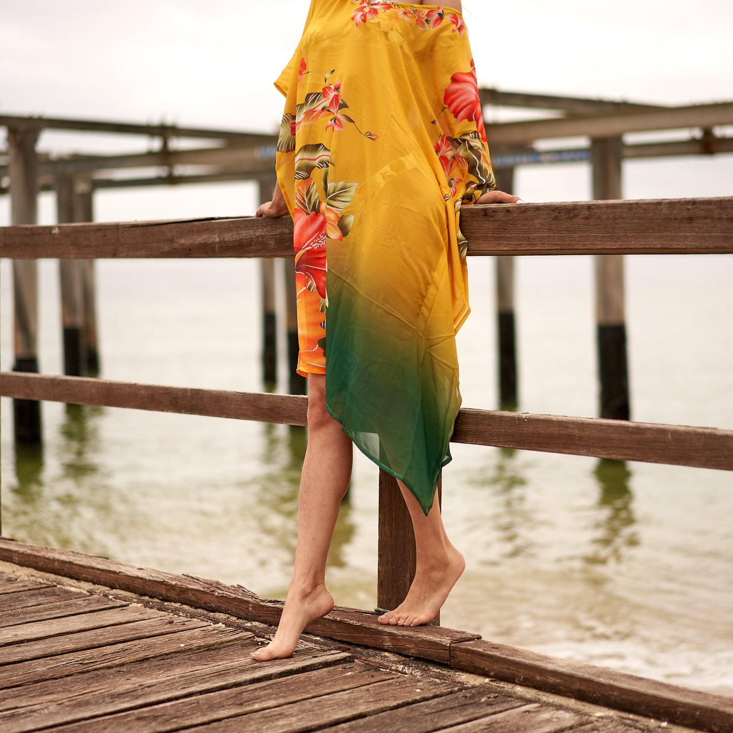 Sunset Florals Silk Kaftan – Handmade Silk Blend Georgette, One Size Fits All, 100 cm Kimono