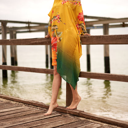 Sunset Florals Silk Kaftan – Handmade Silk Blend Georgette, One Size Fits All, 100 cm Kimono