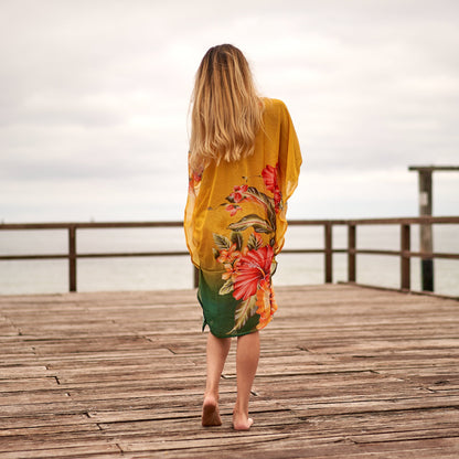 Sunset Florals Silk Kaftan – Handmade Silk Blend Georgette, One Size Fits All, 100 cm Kimono