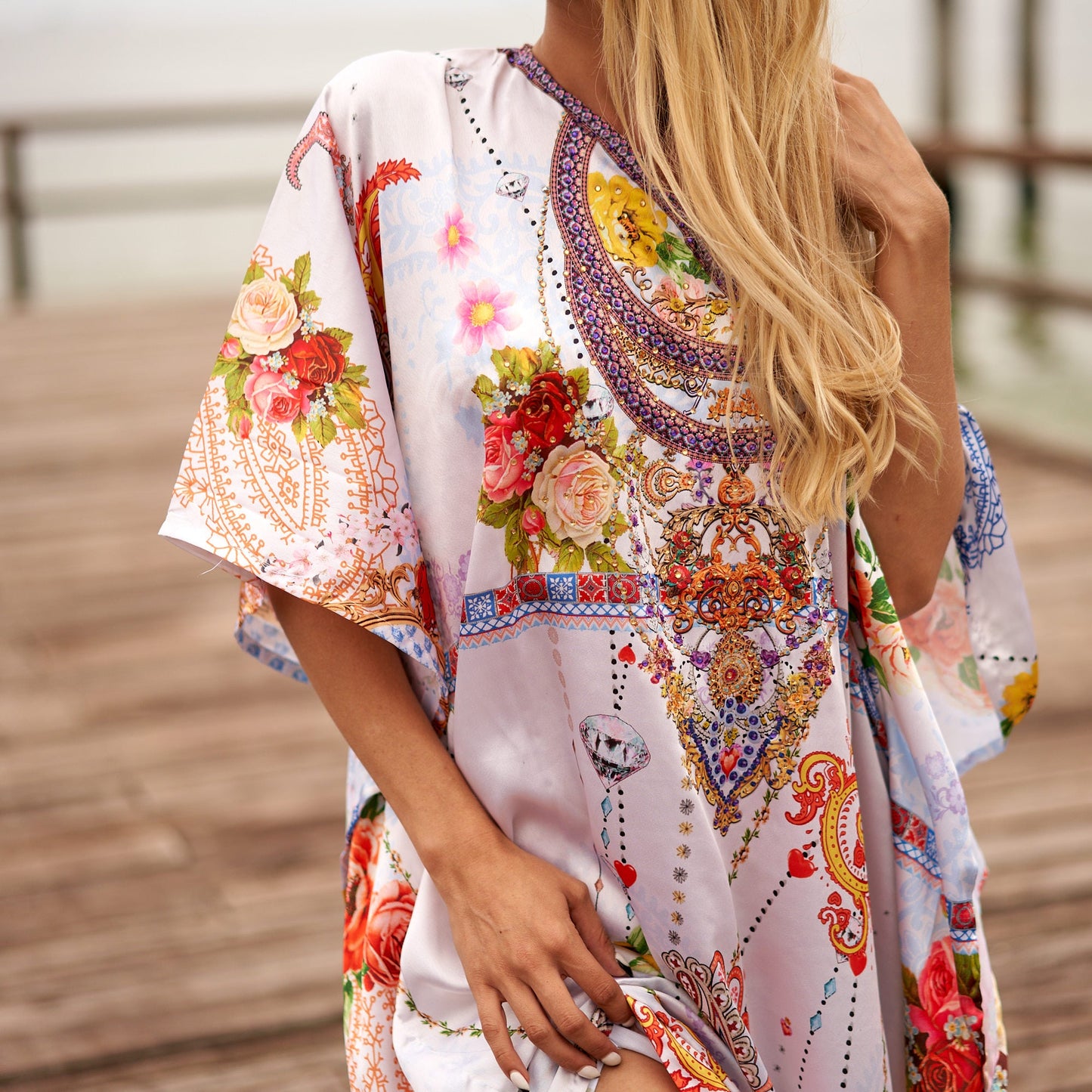 Woman in vibrant silk kaftan