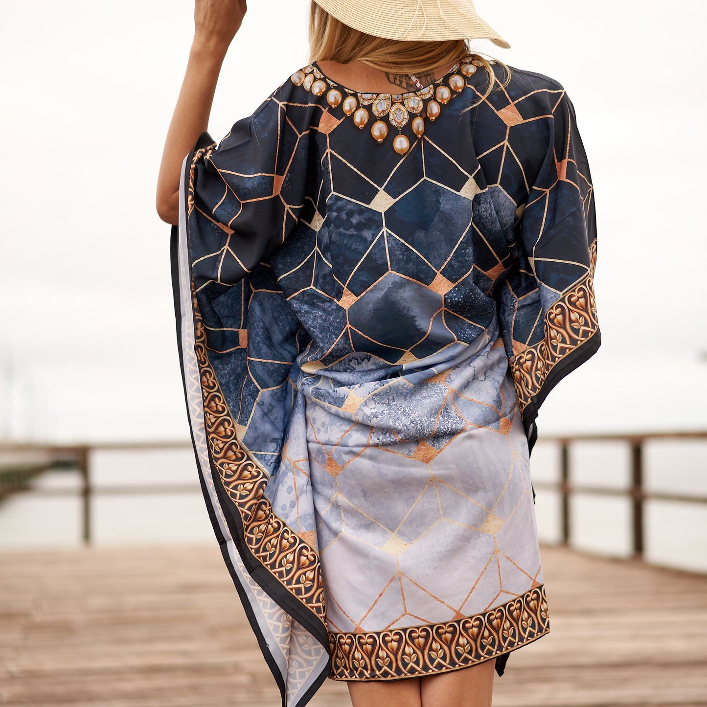 Resort Bliss Silk Kaftan – Handmade Silk Blend Georgette, One Size Fits All, 100 cm Kimono