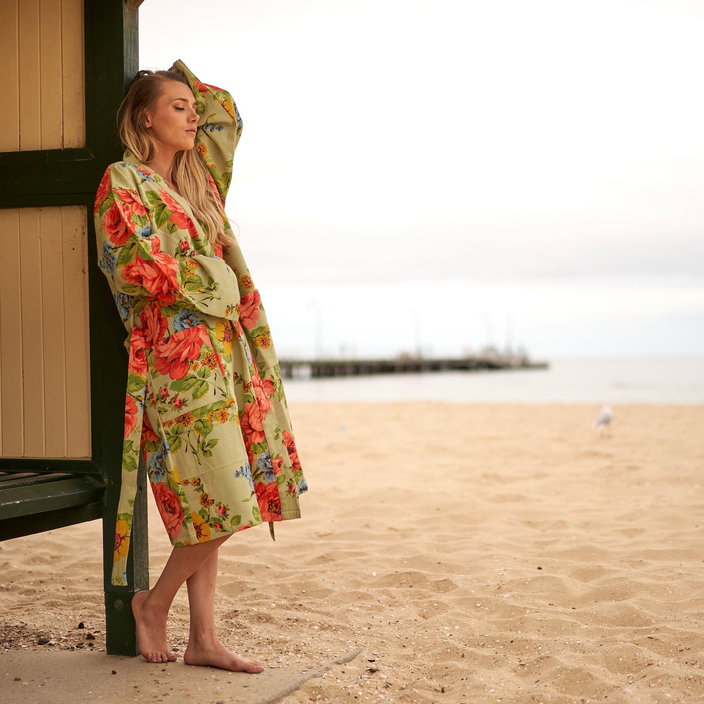 Cream-colored kimono with delicate floral print
