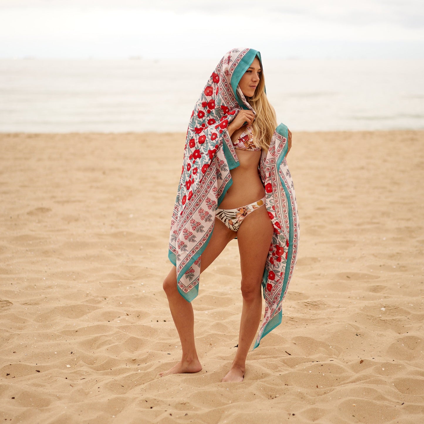 Florals & Waves 100% Cotton Boho Sarong – Handmade Tropical Swim Cover-Up, Beach Skirt, Shawl & Pareo