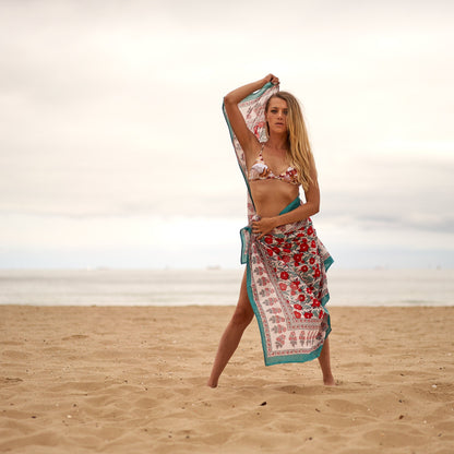 Florals & Waves 100% Cotton Boho Sarong – Handmade Tropical Swim Cover-Up, Beach Skirt, Shawl & Pareo