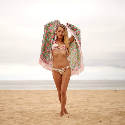 Find Me at the Beach Boho Handmade 100% Cotton Sarong – Versatile Swim Cover-Up, Beach Skirt, Shawl, and Tropical Block Print Pareo