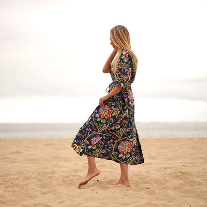 Sophisticated Blooms 100% Cotton Kaftan – Frida Kahlo-Inspired Beach Robe with Birds of Paradise Design & Adjustable Fit